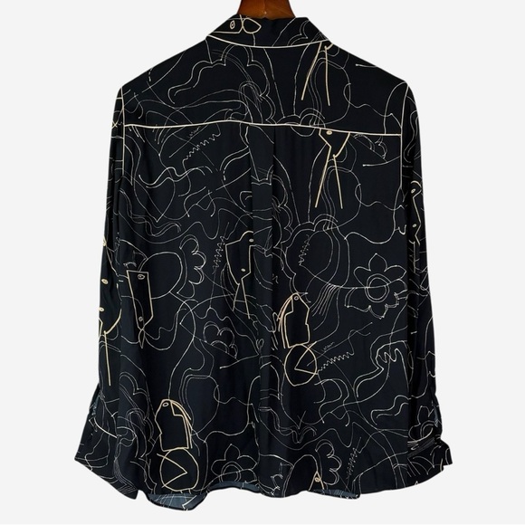 Lafayette 148 Long Sleeve Hidden Button Down Printed Blouse Size L Black Viscose - Picture 2 of 7